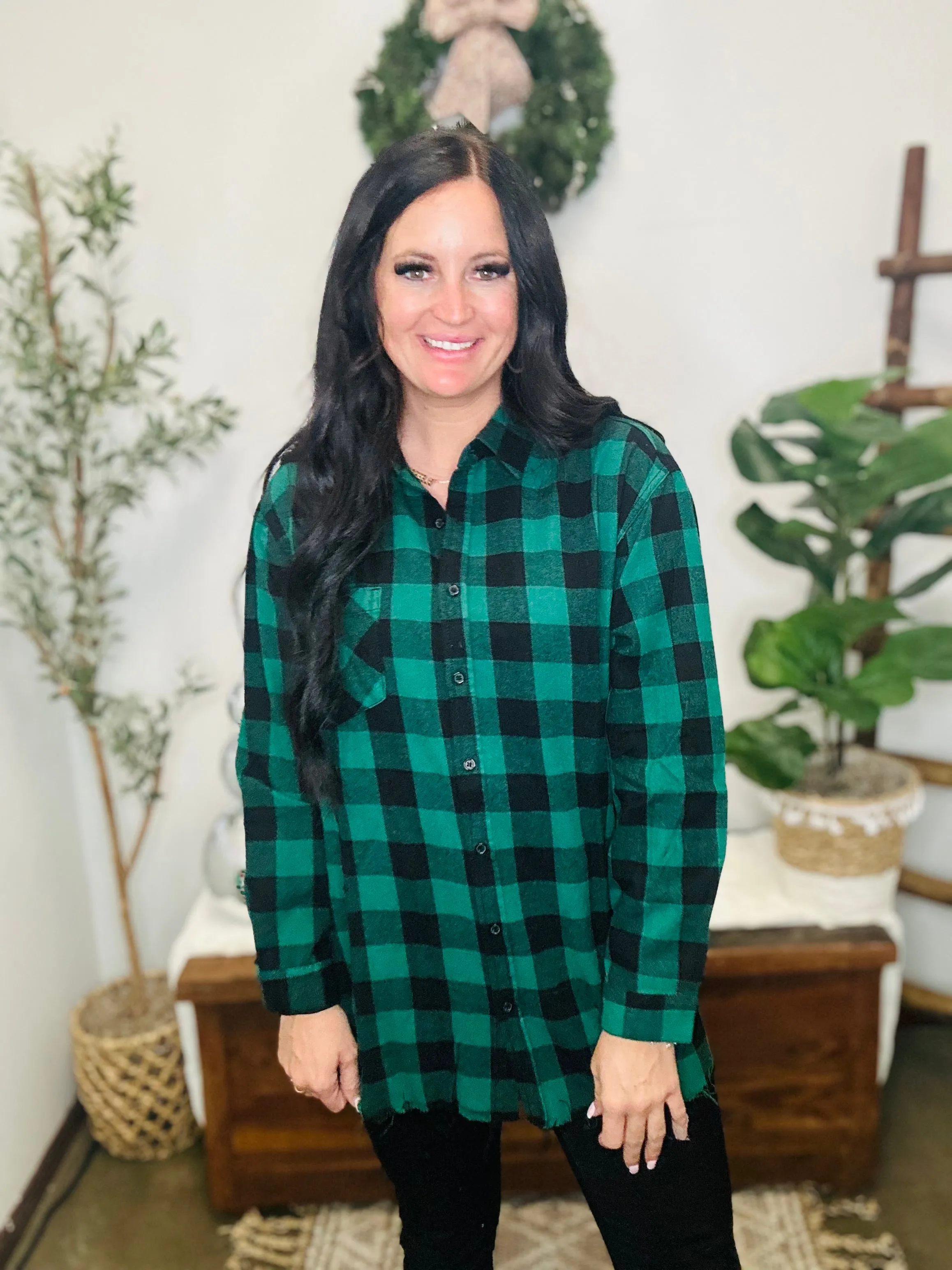 Starla Oversized Green Buffalo Plaid Shirt
