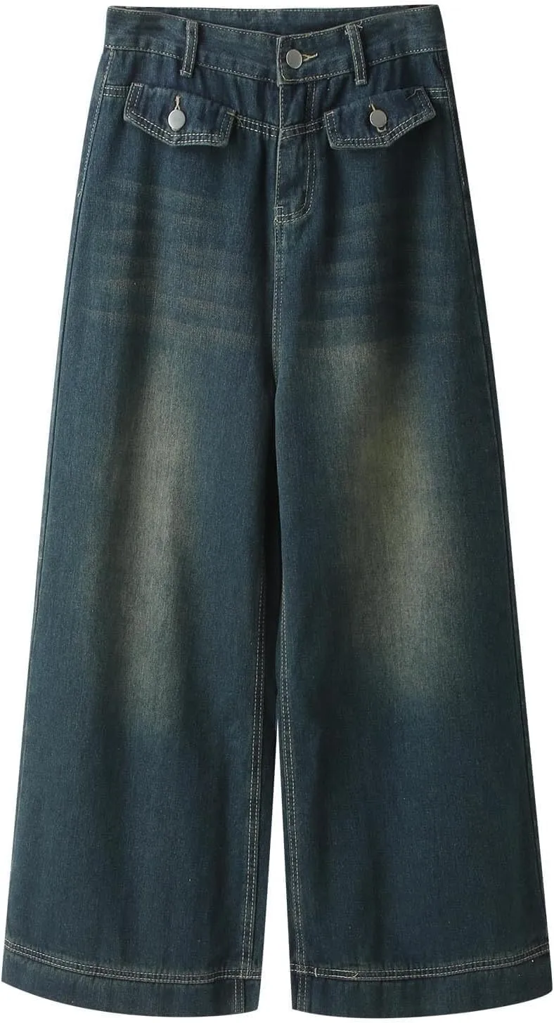 Straight Leg Jeans for Women High Waisted Frayed Baggy Pants Raw Hem Loose Floor Length Wide Leg Boyfriends Jeans
