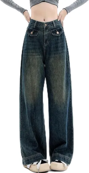 Straight Leg Jeans for Women High Waisted Frayed Baggy Pants Raw Hem Loose Floor Length Wide Leg Boyfriends Jeans