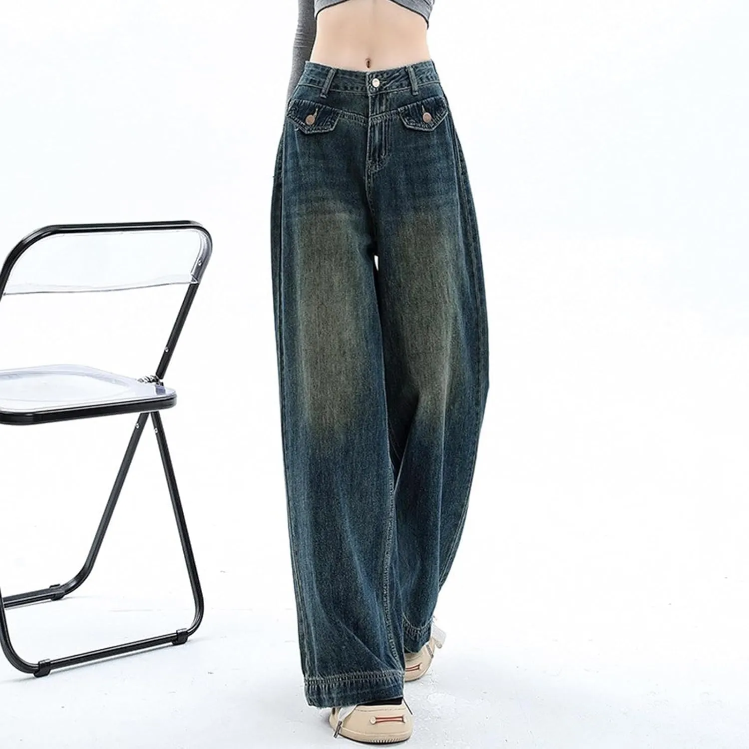Straight Leg Jeans for Women High Waisted Frayed Baggy Pants Raw Hem Loose Floor Length Wide Leg Boyfriends Jeans