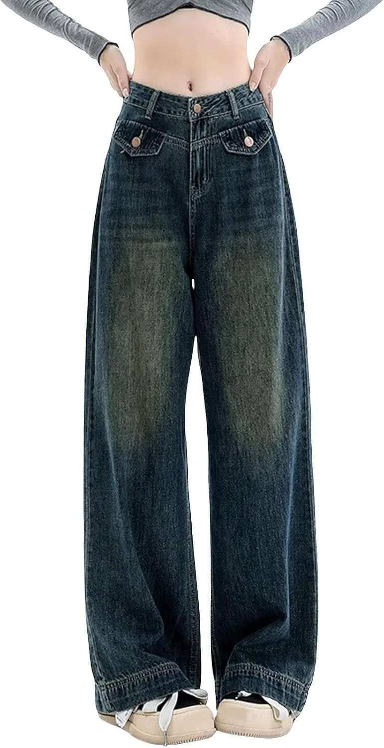 Straight Leg Jeans for Women High Waisted Frayed Baggy Pants Raw Hem Loose Floor Length Wide Leg Boyfriends Jeans