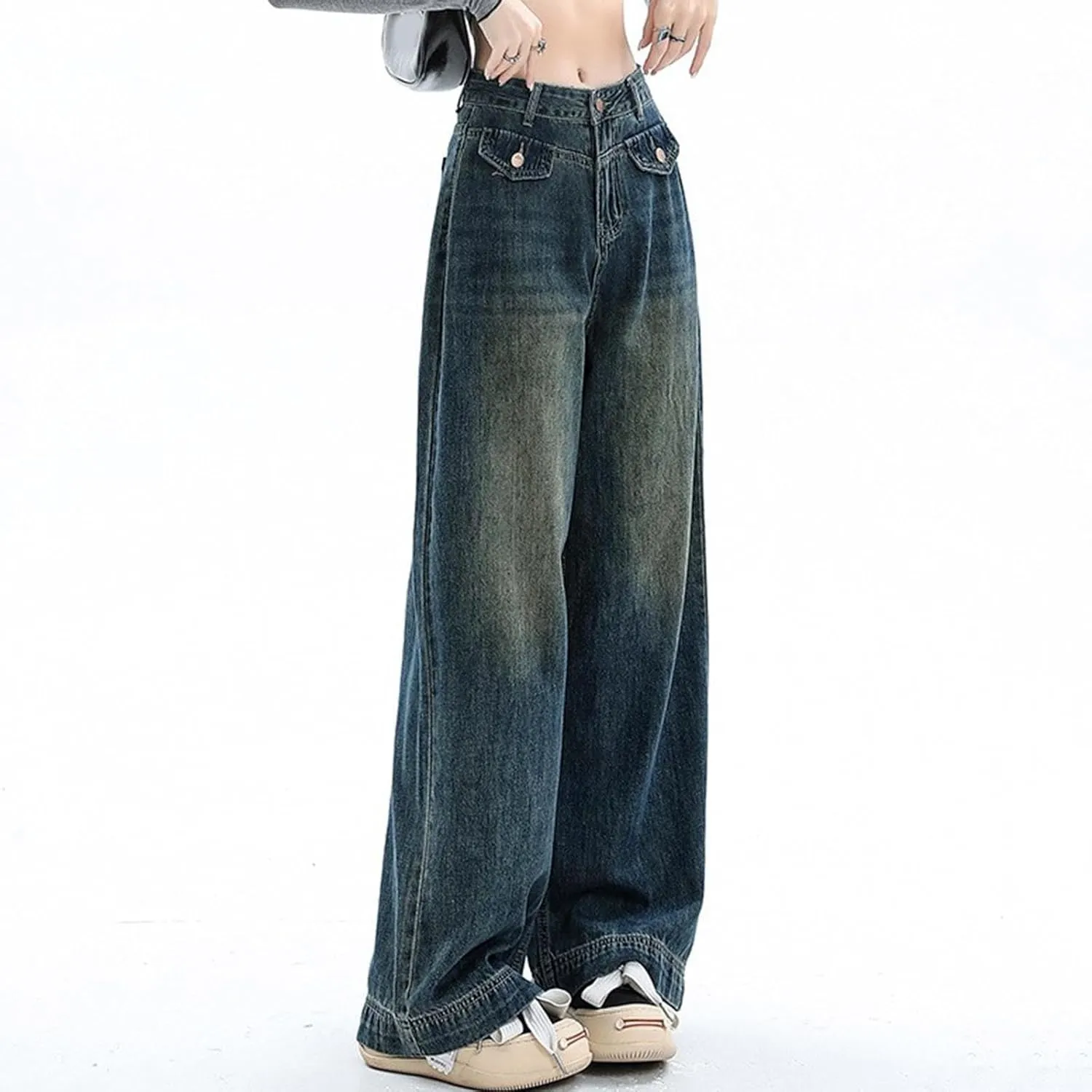 Straight Leg Jeans for Women High Waisted Frayed Baggy Pants Raw Hem Loose Floor Length Wide Leg Boyfriends Jeans