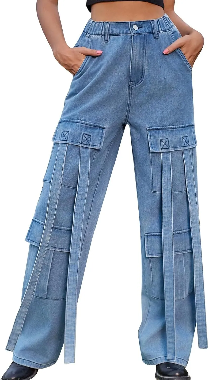 Straight Leg Jeans for Women High Waisted Wide Leg Boyfriend Denim Pants Frayed Raw HemCasual Baggy Trousers