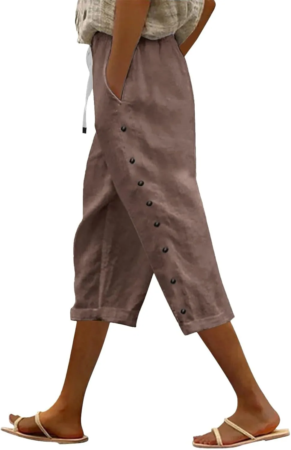 Striped Pants Women Linen Capris for Women Summer Wide Leg Loose Drawstring Elastic Waist Trouser