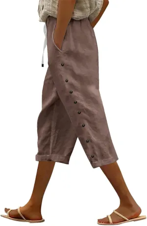 Striped Pants Women Linen Capris for Women Summer Wide Leg Loose Drawstring Elastic Waist Trouser