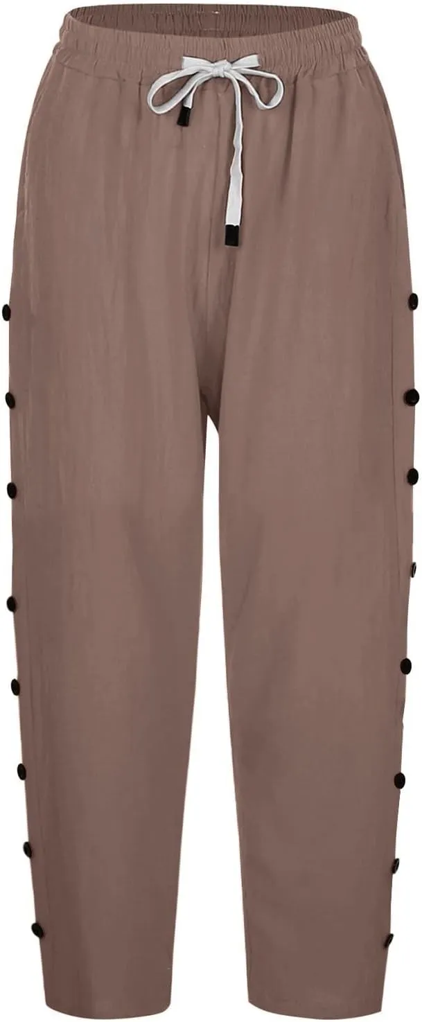 Striped Pants Women Linen Capris for Women Summer Wide Leg Loose Drawstring Elastic Waist Trouser