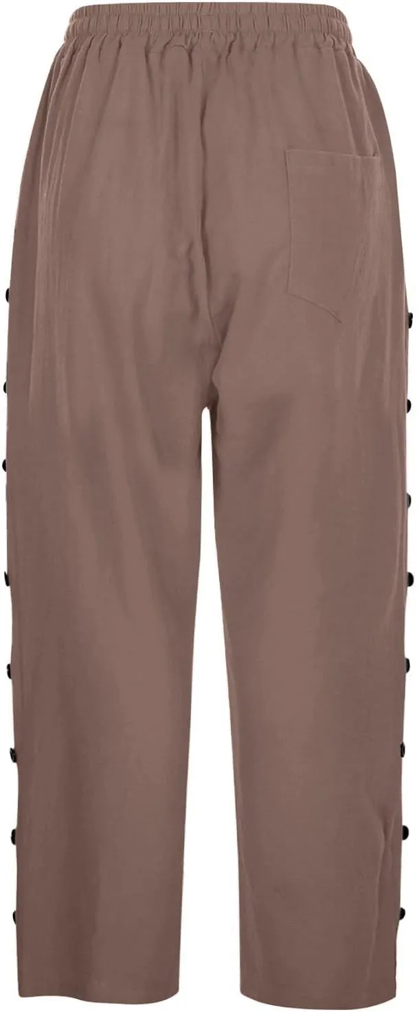 Striped Pants Women Linen Capris for Women Summer Wide Leg Loose Drawstring Elastic Waist Trouser