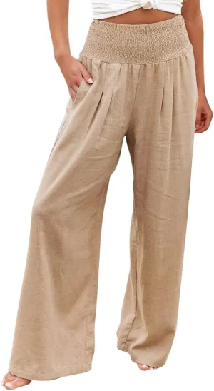 Summer Beach Pants for Women 2025 Baggy Y2K Summer Stretchy Boho Beach Pants Relaxed Loose Fit Elastic Lightweight Trousers
