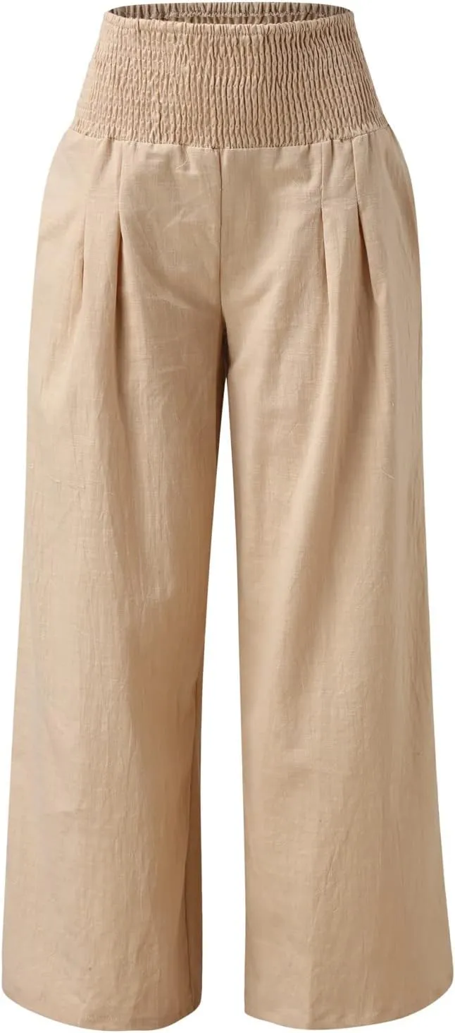 Summer Beach Pants for Women 2025 Baggy Y2K Summer Stretchy Boho Beach Pants Relaxed Loose Fit Elastic Lightweight Trousers