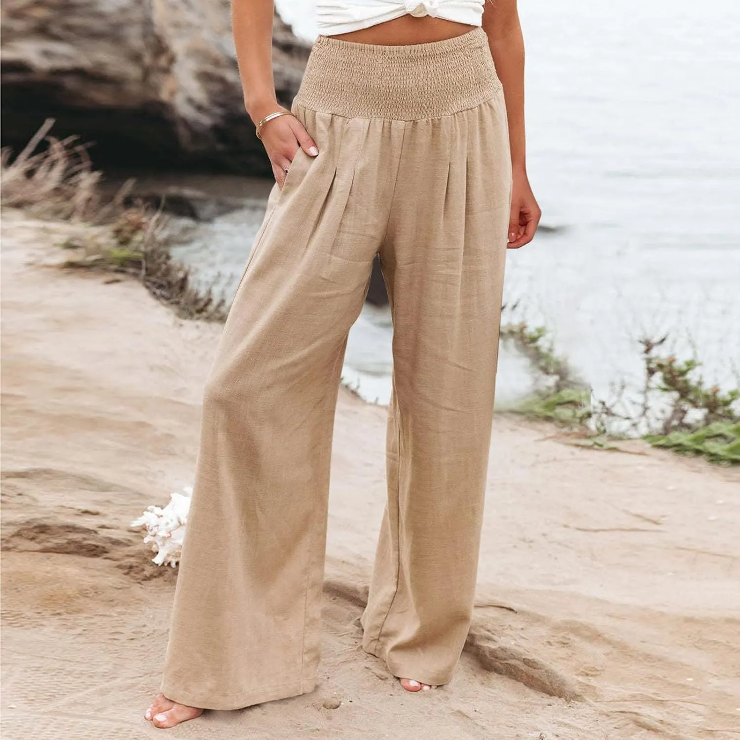 Summer Beach Pants for Women 2025 Baggy Y2K Summer Stretchy Boho Beach Pants Relaxed Loose Fit Elastic Lightweight Trousers