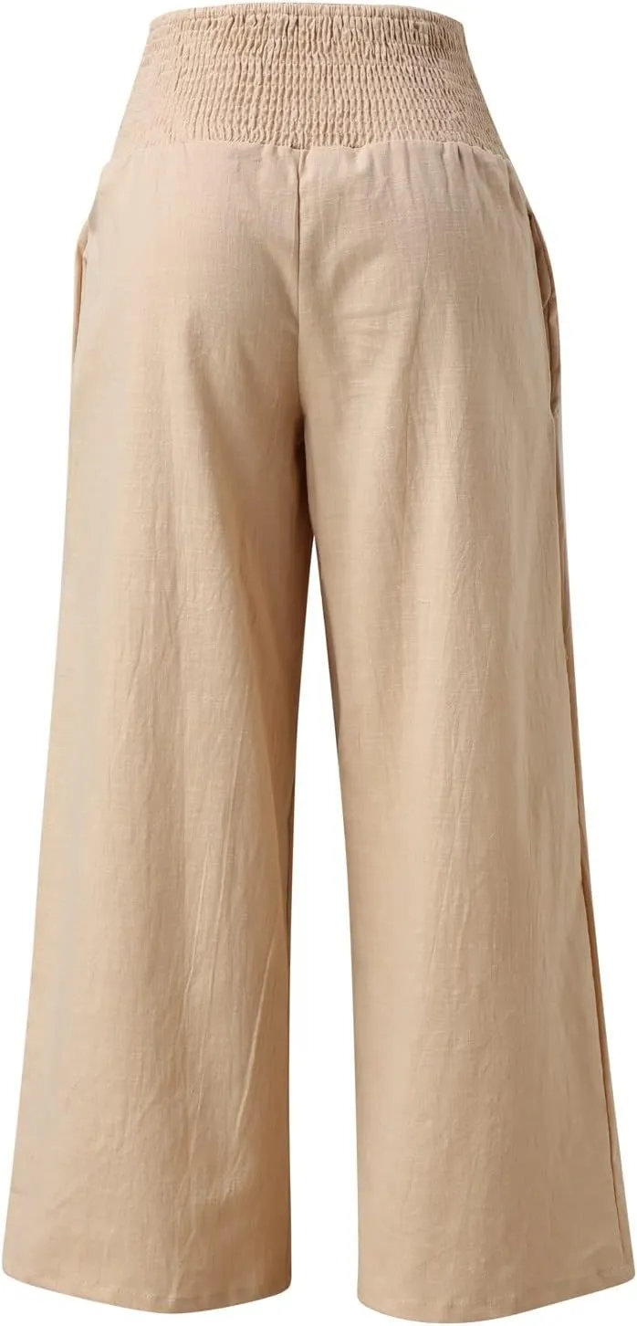Summer Beach Pants for Women 2025 Baggy Y2K Summer Stretchy Boho Beach Pants Relaxed Loose Fit Elastic Lightweight Trousers