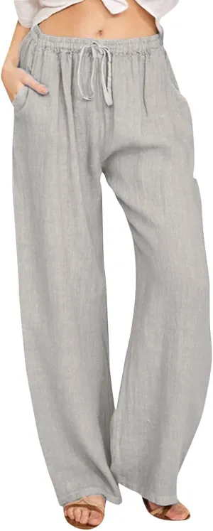 Summer Casual Pants For Women 2024 Trendy High Waist Pants Wide Leg Linen Palazzo Pants Lightweight Flowy Trouser