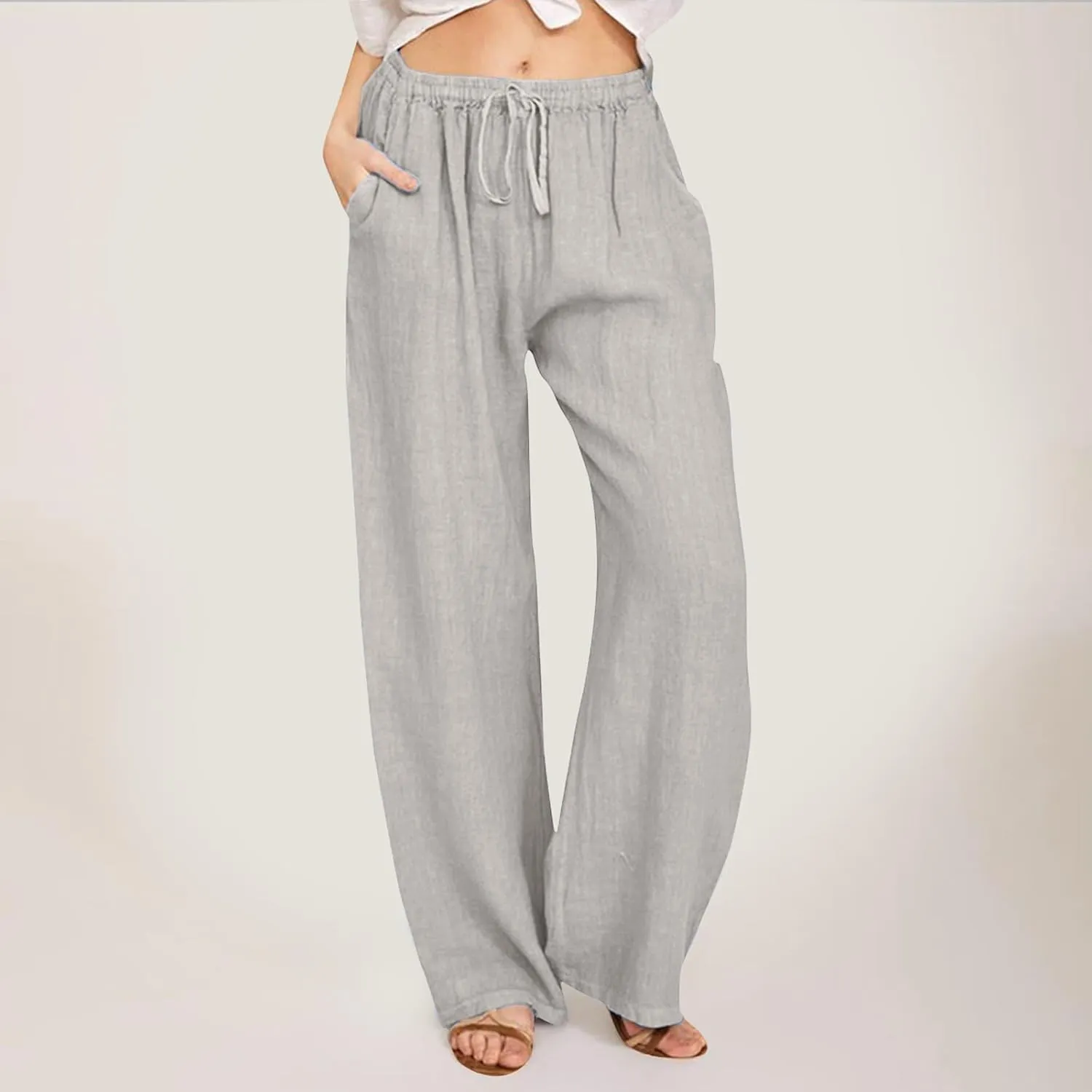 Summer Casual Pants For Women 2024 Trendy High Waist Pants Wide Leg Linen Palazzo Pants Lightweight Flowy Trouser