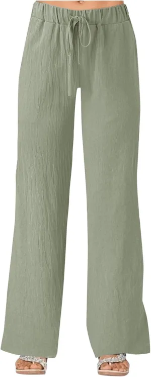 Summer Linen Pants for Women Solid Color Wide Leg Drawstring Trousers Loose Fit Fashion Casual Lounge Pants with Pockets
