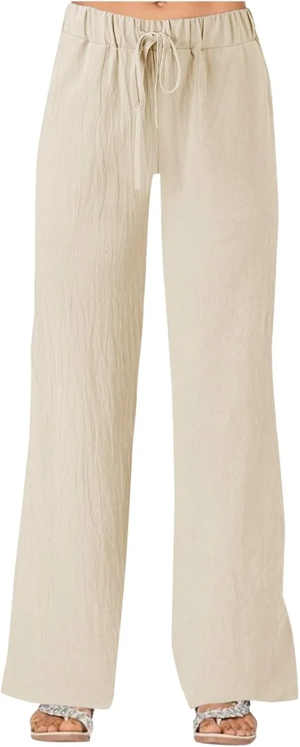 Summer Linen Pants for Women Solid Color Wide Leg Drawstring Trousers Loose Fit Fashion Casual Lounge Pants with Pockets