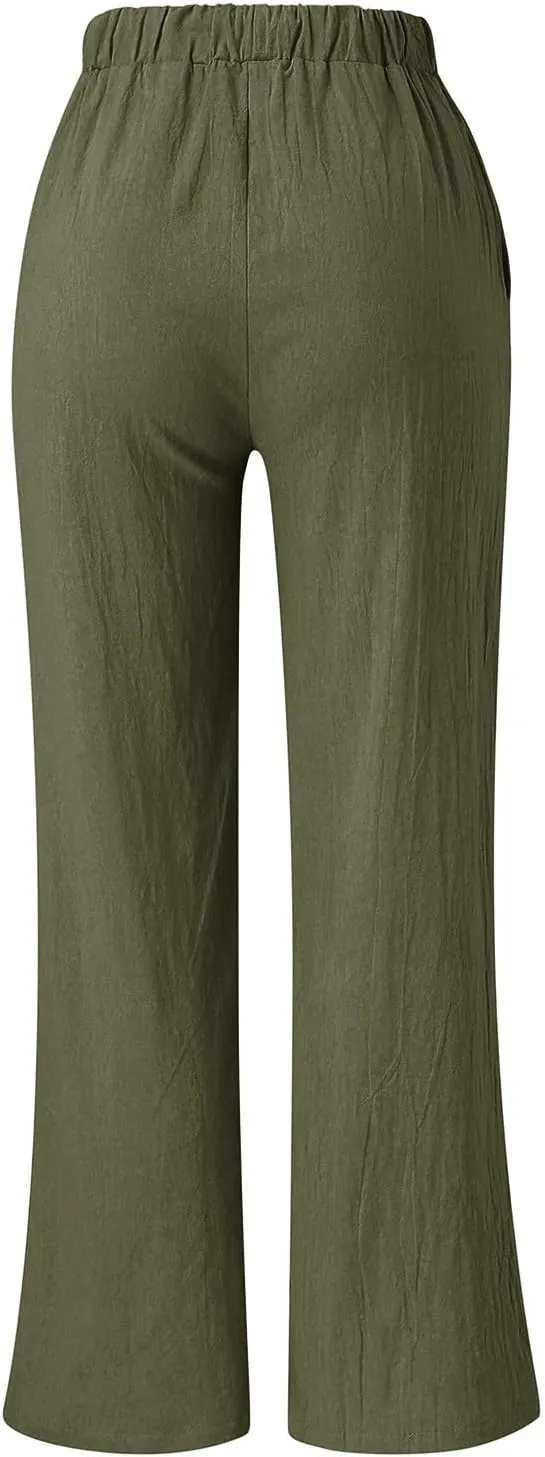 Summer Linen Pants for Women Solid Color Wide Leg Drawstring Trousers Loose Fit Fashion Casual Lounge Pants with Pockets