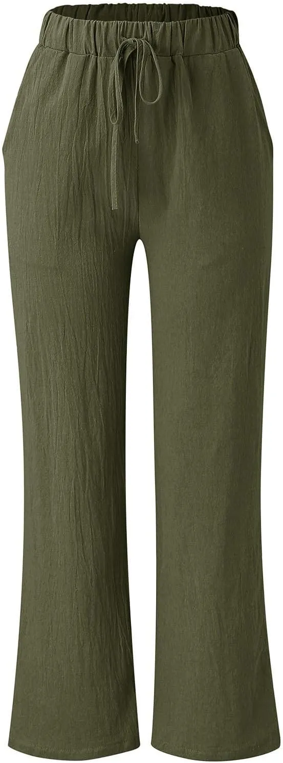 Summer Linen Pants for Women Solid Color Wide Leg Drawstring Trousers Loose Fit Fashion Casual Lounge Pants with Pockets
