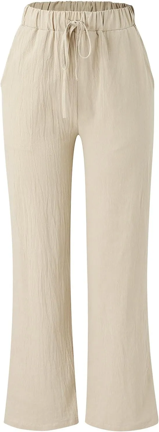 Summer Linen Pants for Women Solid Color Wide Leg Drawstring Trousers Loose Fit Fashion Casual Lounge Pants with Pockets