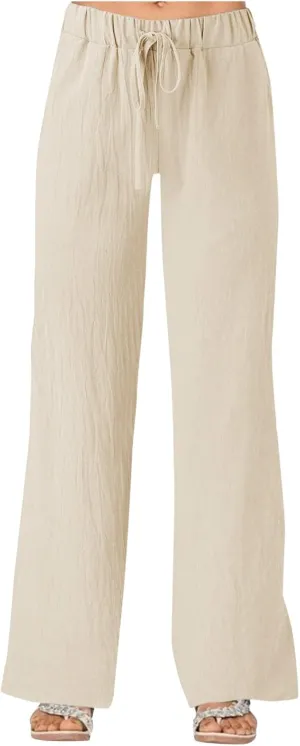 Summer Linen Pants for Women Solid Color Wide Leg Drawstring Trousers Loose Fit Fashion Casual Lounge Pants with Pockets