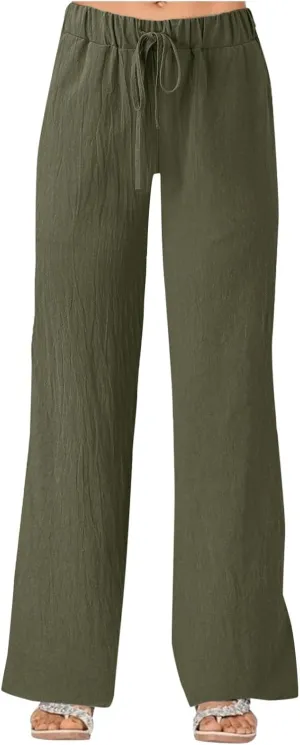 Summer Linen Pants for Women Solid Color Wide Leg Drawstring Trousers Loose Fit Fashion Casual Lounge Pants with Pockets