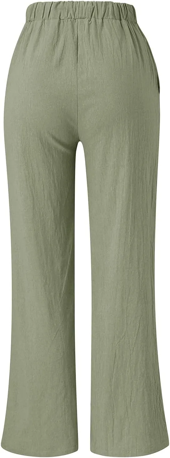 Summer Linen Pants for Women Solid Color Wide Leg Drawstring Trousers Loose Fit Fashion Casual Lounge Pants with Pockets