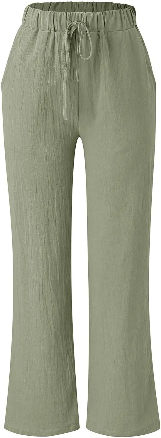 Summer Linen Pants for Women Solid Color Wide Leg Drawstring Trousers Loose Fit Fashion Casual Lounge Pants with Pockets