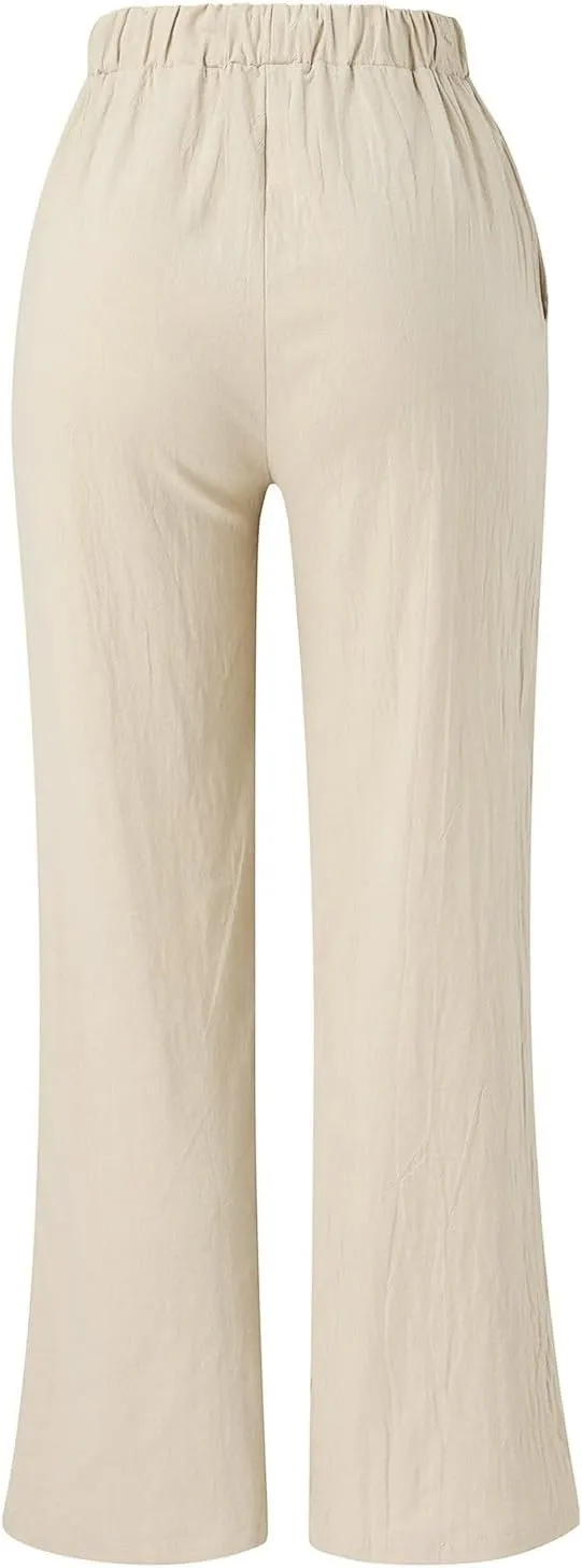 Summer Linen Pants for Women Solid Color Wide Leg Drawstring Trousers Loose Fit Fashion Casual Lounge Pants with Pockets