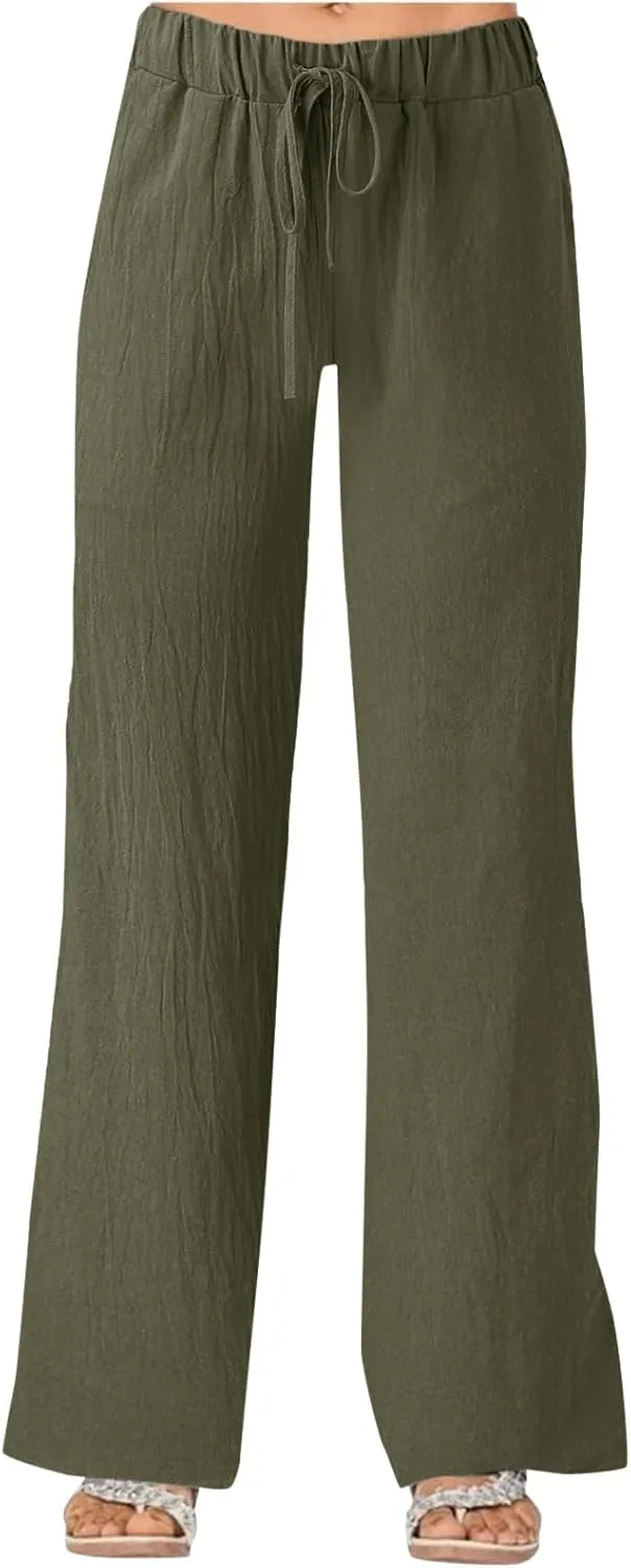 Summer Linen Pants for Women Solid Color Wide Leg Drawstring Trousers Loose Fit Fashion Casual Lounge Pants with Pockets