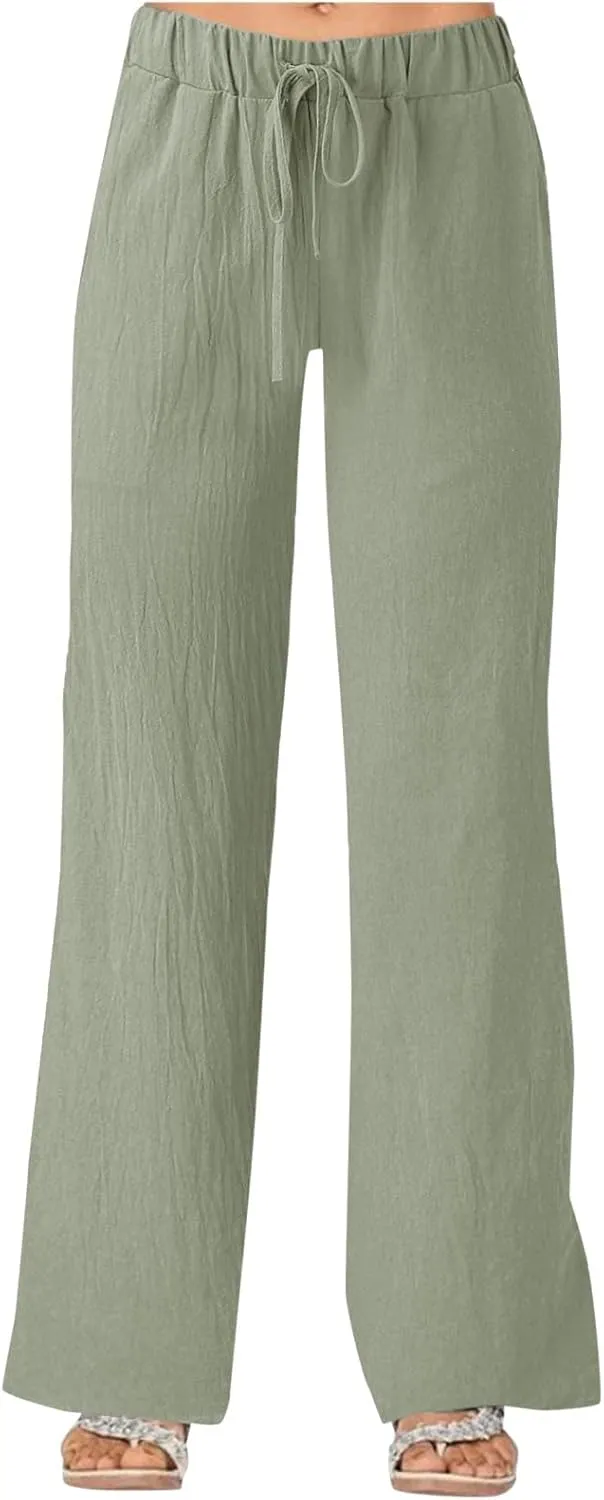 Summer Linen Pants for Women Solid Color Wide Leg Drawstring Trousers Loose Fit Fashion Casual Lounge Pants with Pockets
