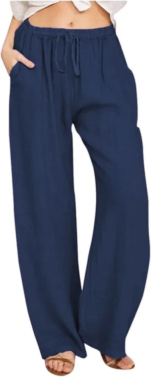 Summer Linen Wide Leg Pants for Women Casual High Waisted Palazzo Pants Loose Lightweight Beach Pants with Pockets