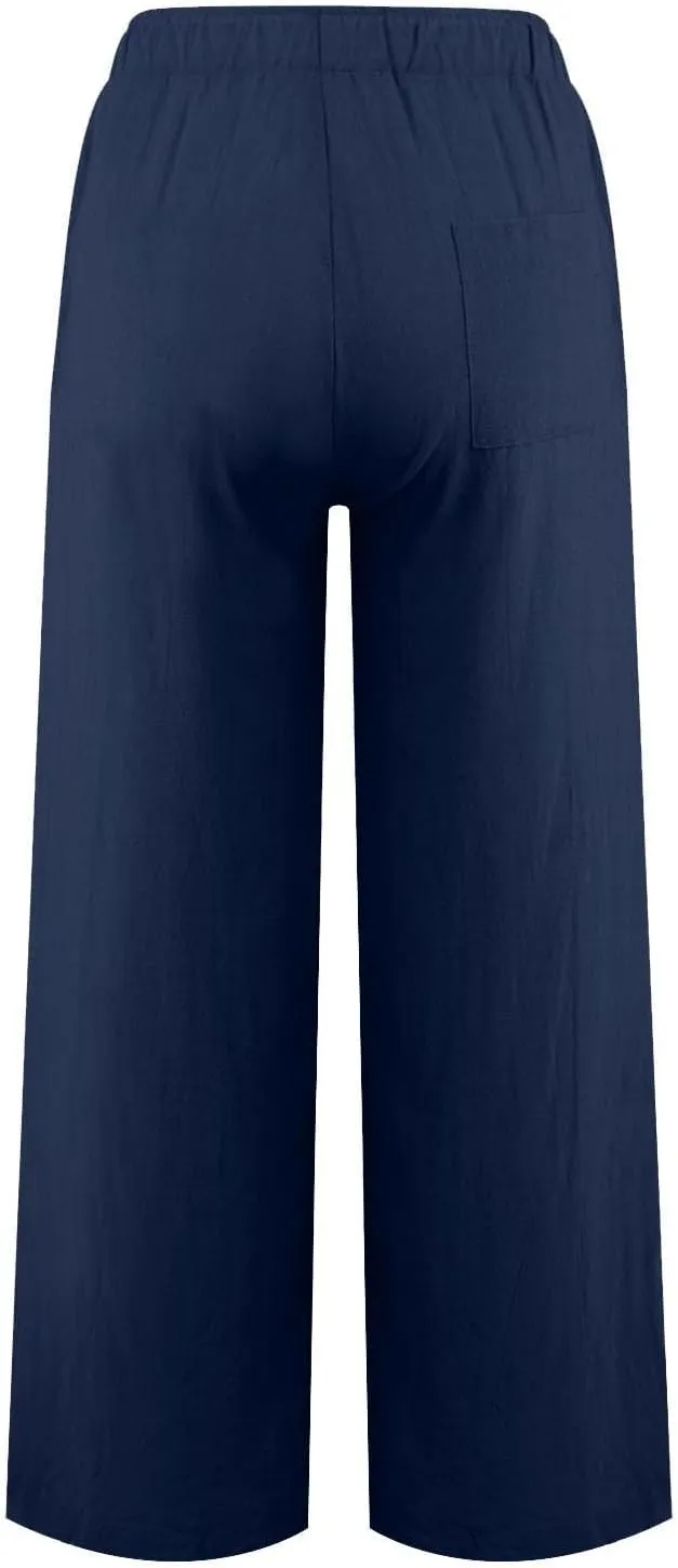 Summer Linen Wide Leg Pants for Women Casual High Waisted Palazzo Pants Loose Lightweight Beach Pants with Pockets