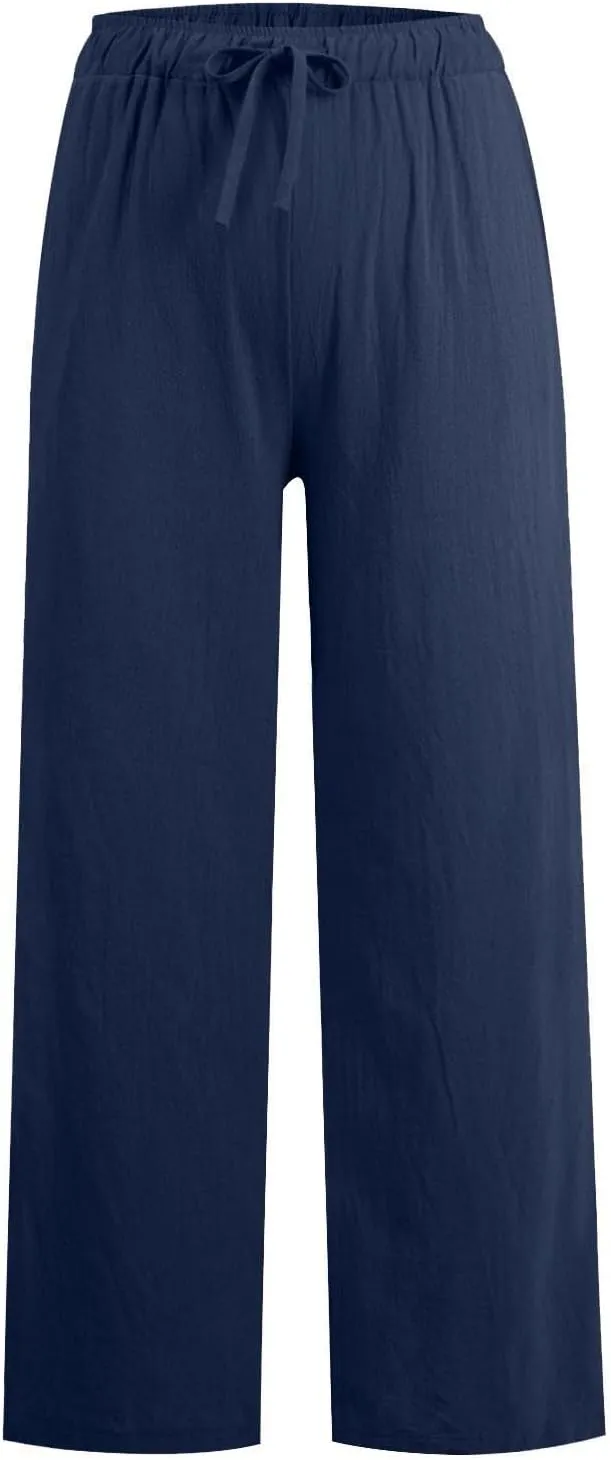 Summer Linen Wide Leg Pants for Women Casual High Waisted Palazzo Pants Loose Lightweight Beach Pants with Pockets