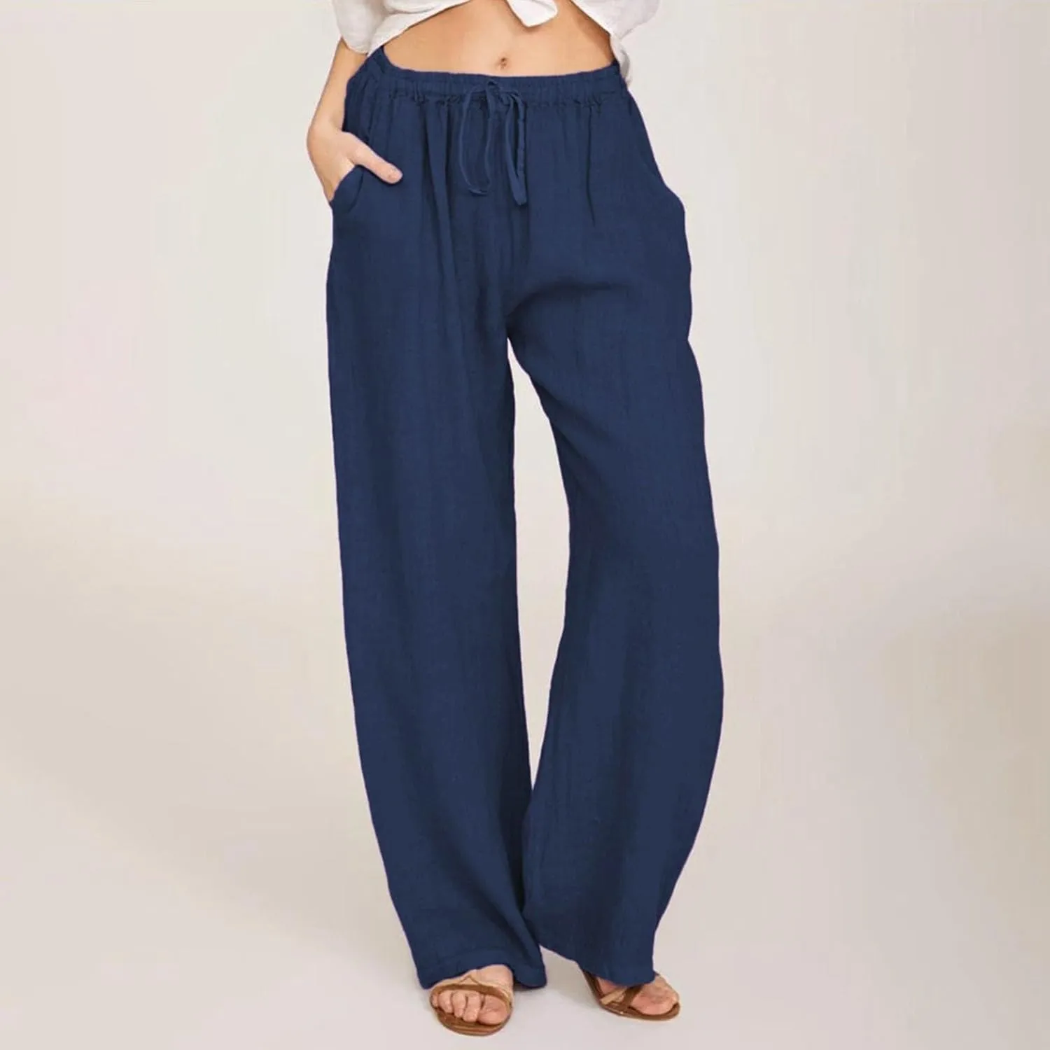 Summer Linen Wide Leg Pants for Women Casual High Waisted Palazzo Pants Loose Lightweight Beach Pants with Pockets