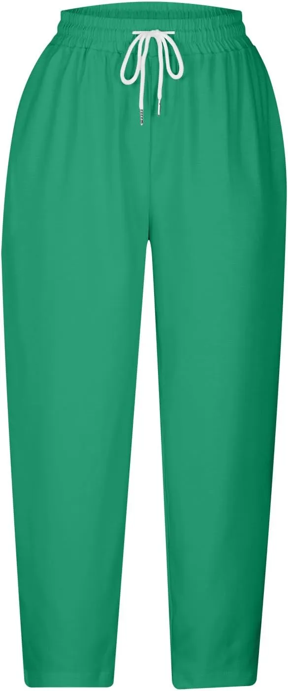 TANGNADE Petite Capris for Women Petite Length Casual Loose Drawstring Wide Cropped Trousers with Pocket Beach Clothes