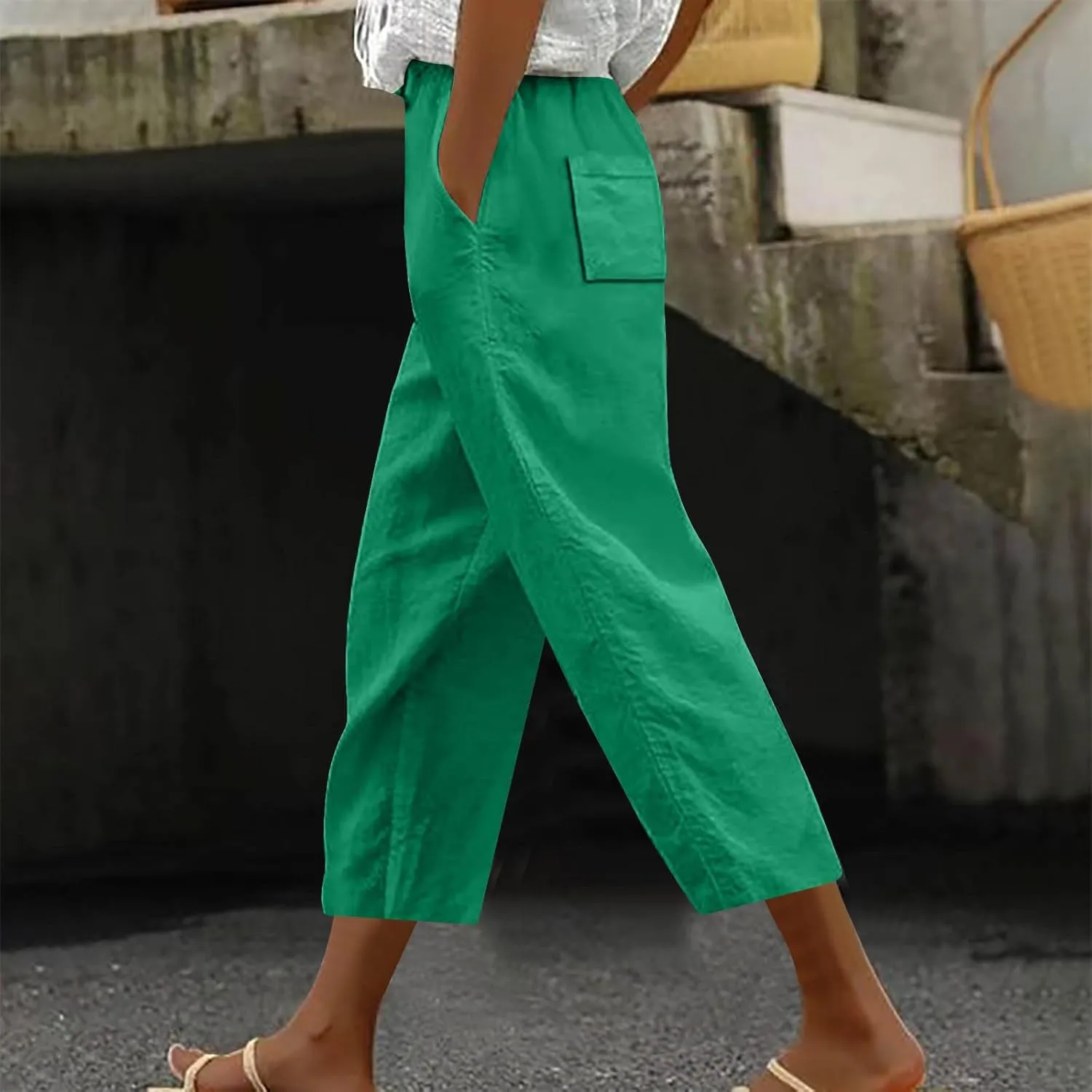 TANGNADE Petite Capris for Women Petite Length Casual Loose Drawstring Wide Cropped Trousers with Pocket Beach Clothes