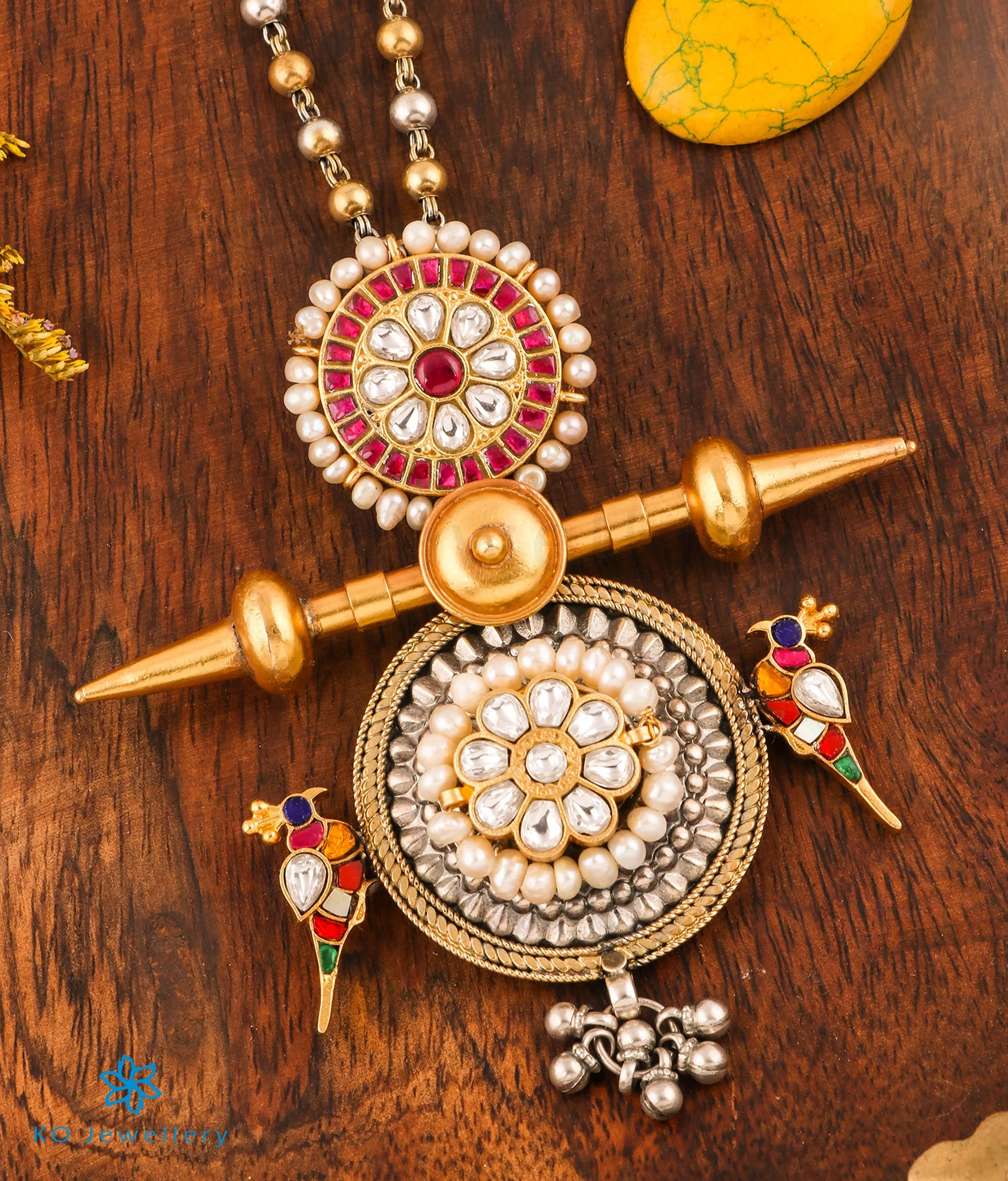 The Parinita Antique Silver Parrot Kundan Necklace (2 Tone)