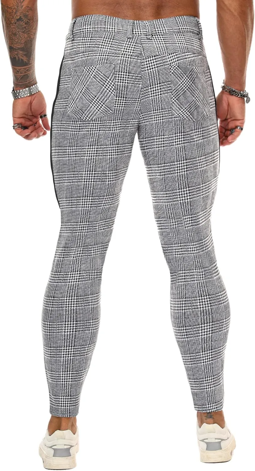 TRGPSG Plaid Skinny Chinos Pants Men Stretch Slim Fit Dress Pants