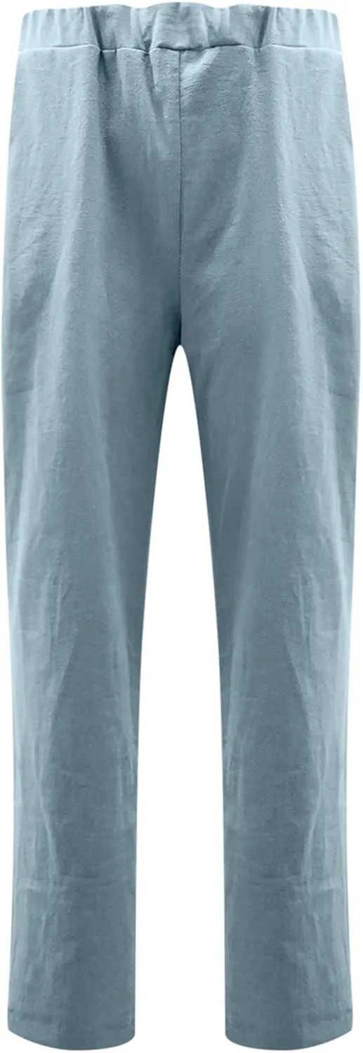 tuduoms Women's Relaxed Fit Linen Pants Elastic Waist Wide Leg Straight Joggers Summer Casual Loose Capris Yoga Trousers