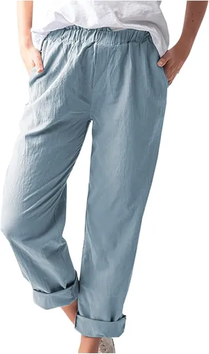 tuduoms Women's Relaxed Fit Linen Pants Elastic Waist Wide Leg Straight Joggers Summer Casual Loose Capris Yoga Trousers