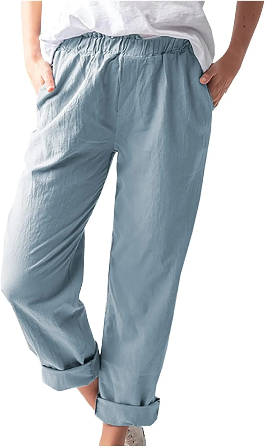 tuduoms Women's Relaxed Fit Linen Pants Elastic Waist Wide Leg Straight Joggers Summer Casual Loose Capris Yoga Trousers