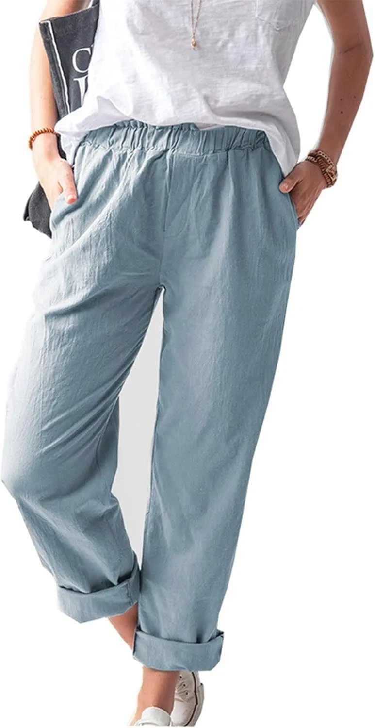 tuduoms Women's Relaxed Fit Linen Pants Elastic Waist Wide Leg Straight Joggers Summer Casual Loose Capris Yoga Trousers