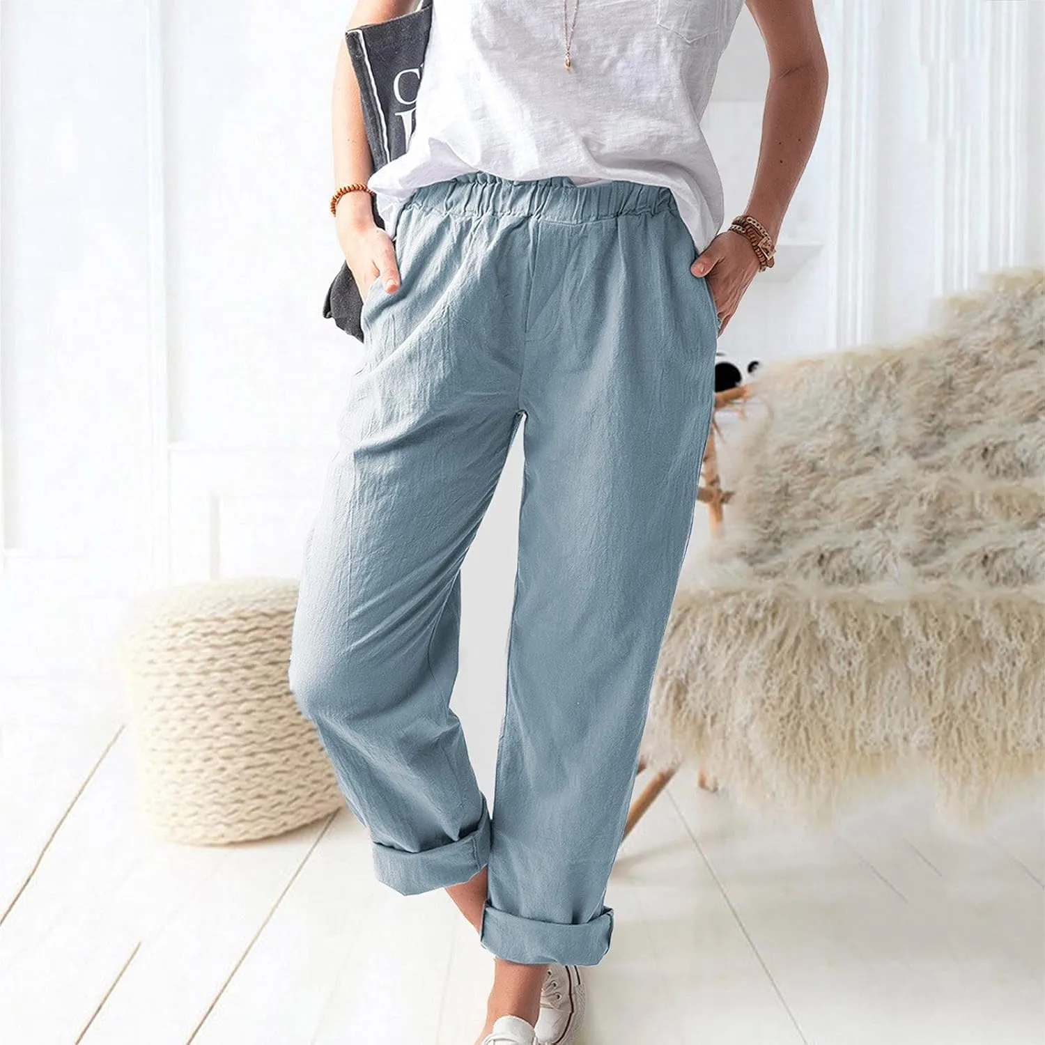 tuduoms Women's Relaxed Fit Linen Pants Elastic Waist Wide Leg Straight Joggers Summer Casual Loose Capris Yoga Trousers