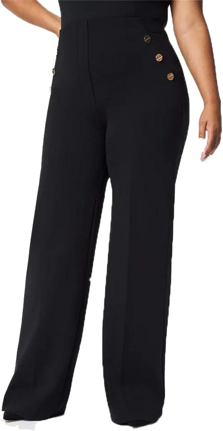 Tummy Control Button Wide Leg Pant,Plus Size High Waist Wide Leg Stretch Trousers for Women