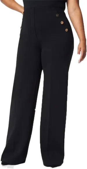 Tummy Control Button Wide Leg Pant,Plus Size High Waist Wide Leg Stretch Trousers for Women