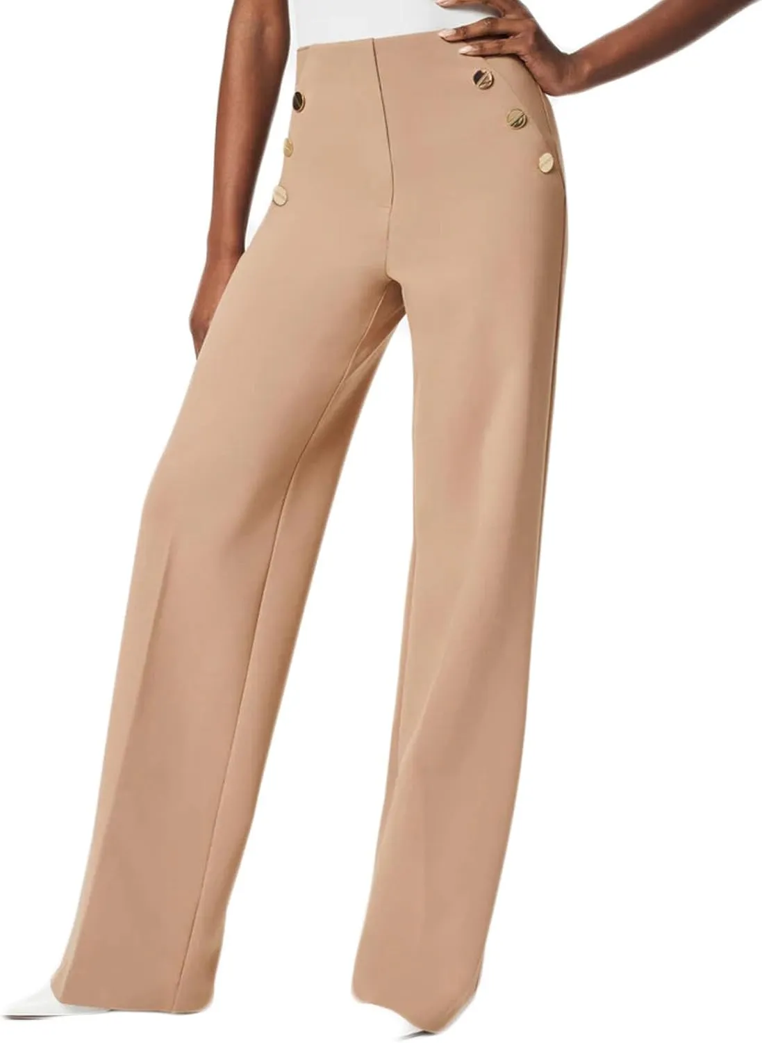 Tummy Control Button Wide Leg Pant,Plus Size High Waist Wide Leg Stretch Trousers for Women
