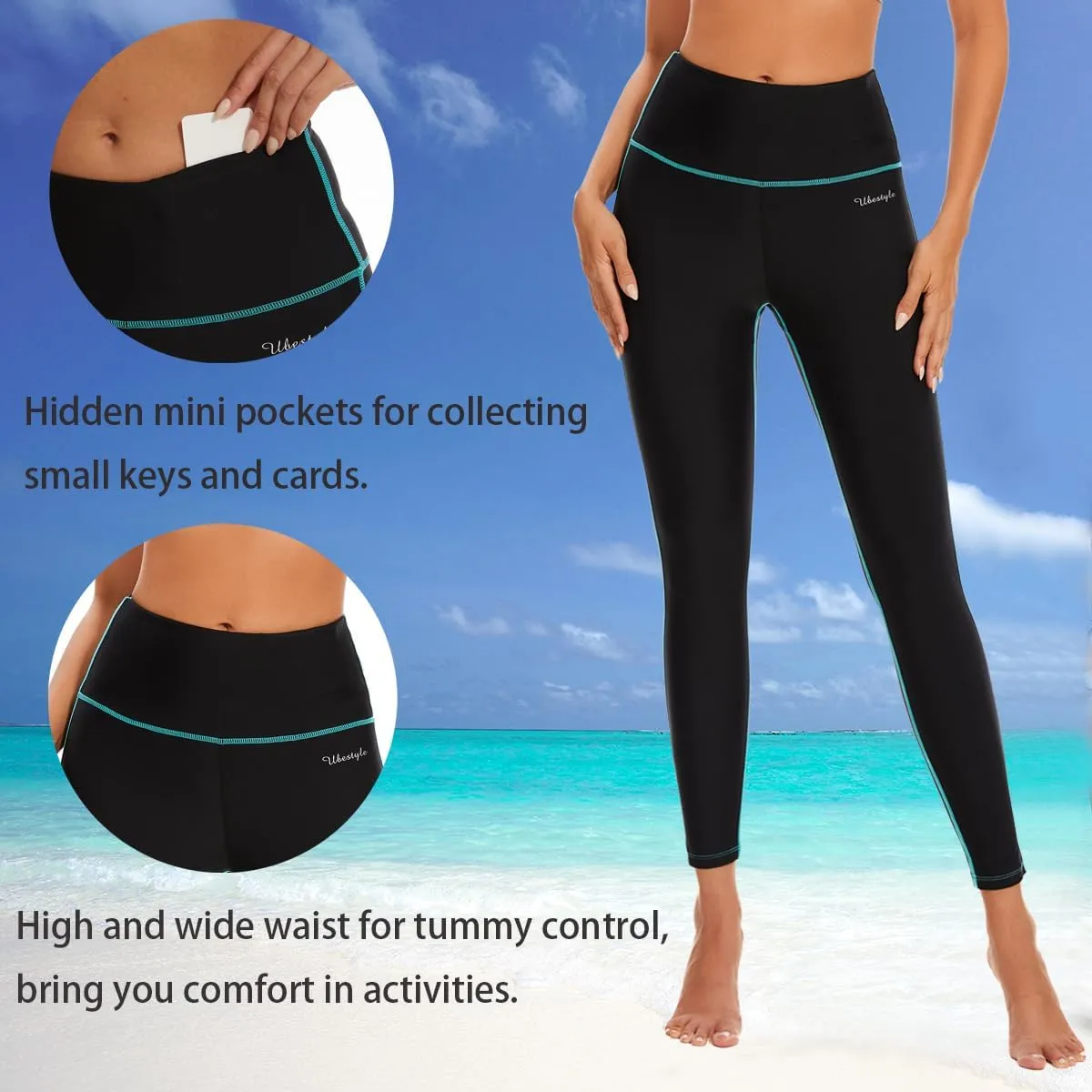 Ubestyle UPF 50  High Waist Women's Swim Pants Swim Leggings Swimming Tights Rash Guard Pants Sun Protective