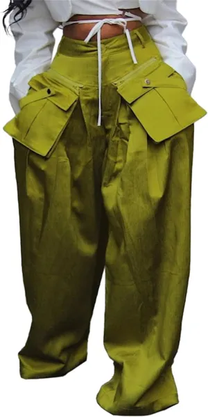 Vakkest Women's Casual Satin Cargo Pants Baggy Wide Leg Folds Pants Streetwear High Waist Palazzo Trousers with Flap Pockets