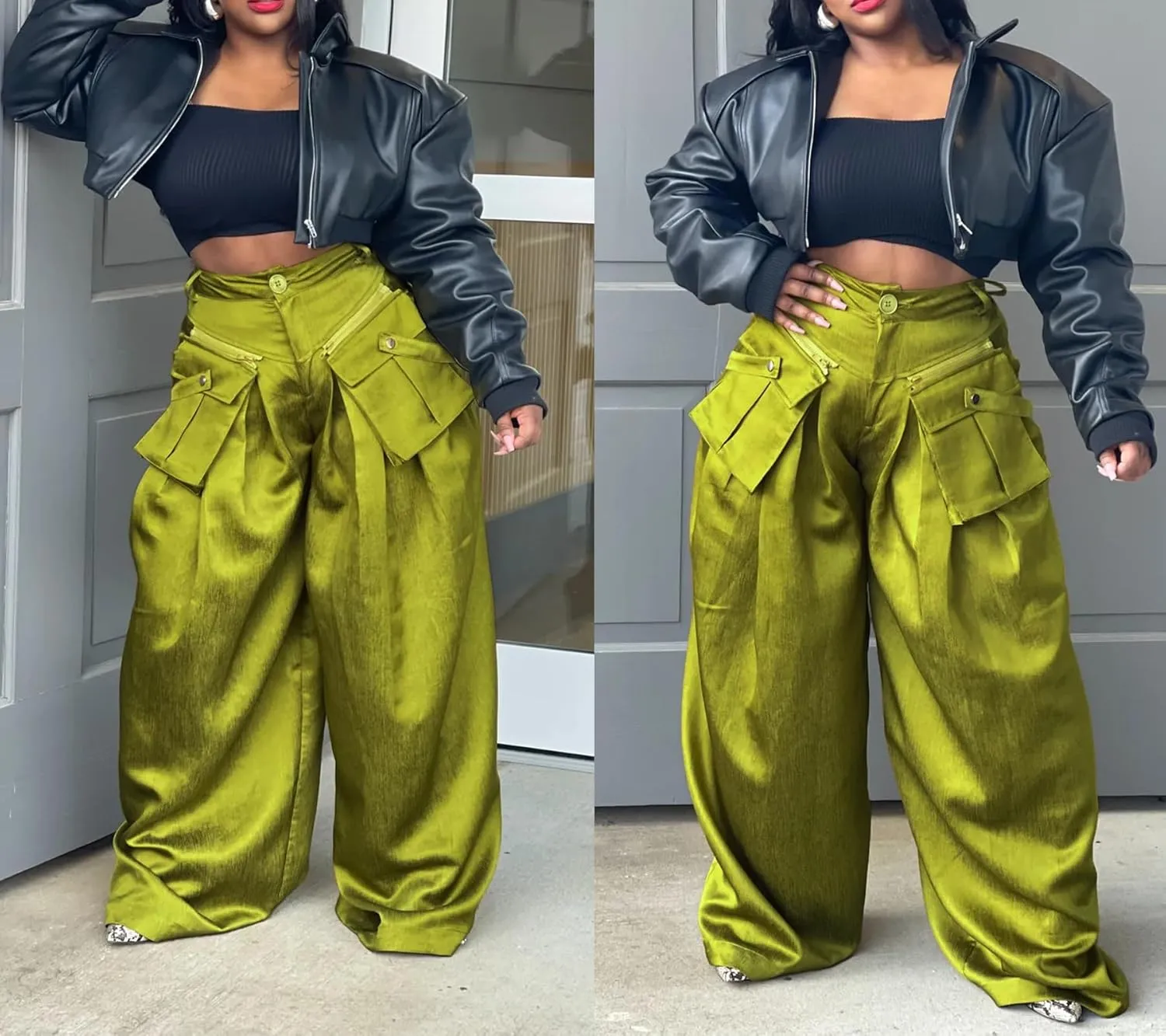 Vakkest Women's Casual Satin Cargo Pants Baggy Wide Leg Folds Pants Streetwear High Waist Palazzo Trousers with Flap Pockets