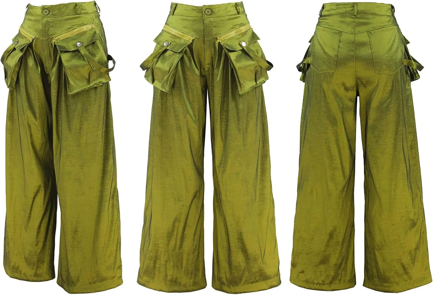 Vakkest Women's Casual Satin Cargo Pants Baggy Wide Leg Folds Pants Streetwear High Waist Palazzo Trousers with Flap Pockets