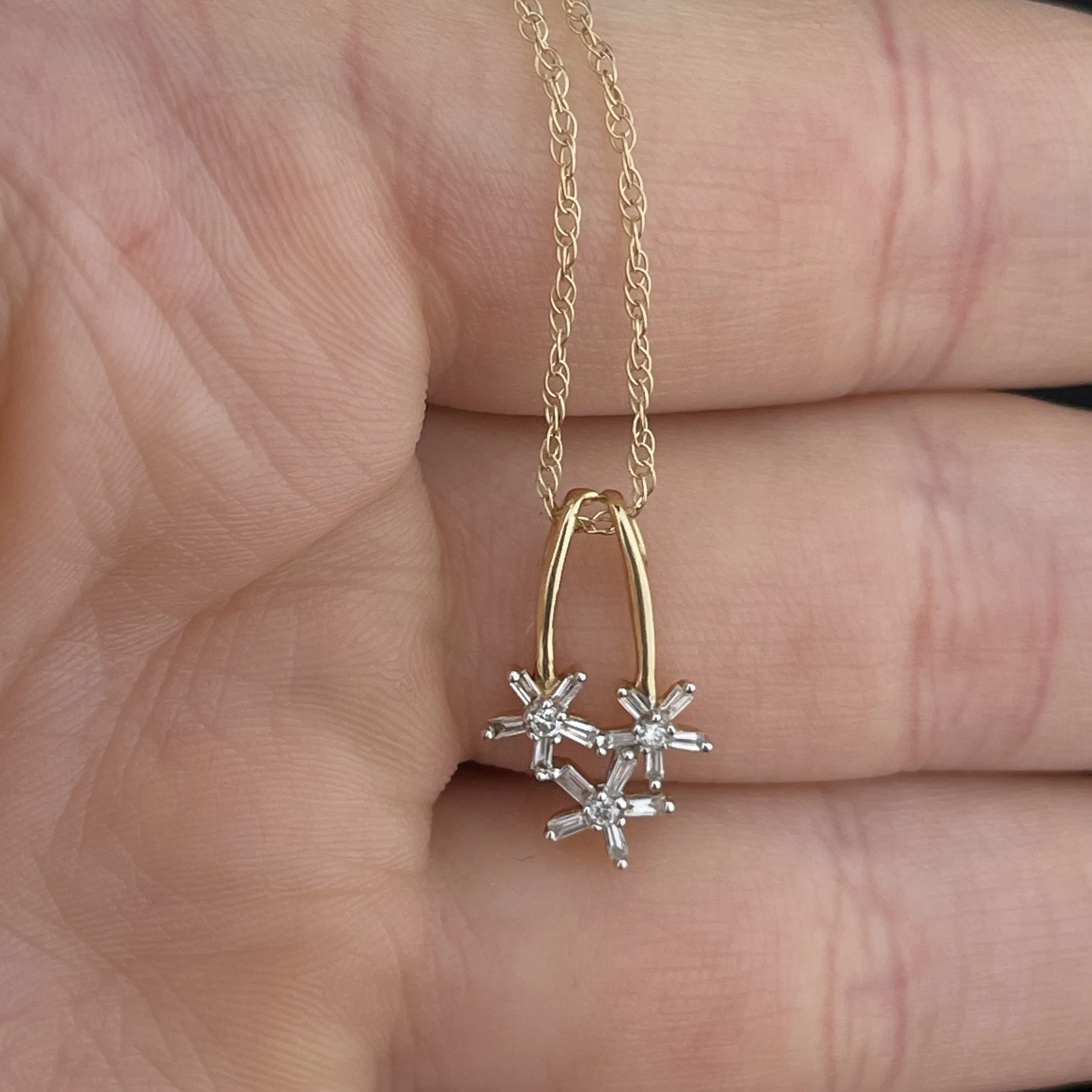 Vintage 14K Gold Three Star Baguette Diamond Charm Necklace